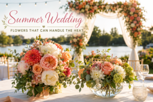 Heat-resistant summer wedding flower arrangements featuring coral dahlias, peach roses, and white peonies on an outdoor reception table.